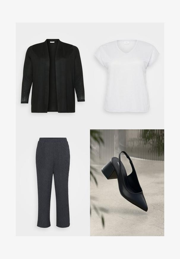 Cardigan noir en tissu doux, avec une ouverture devant, des manches trois-quarts et des embellissements contrastés avec de petits points brillants sur les manches.; T-shirt blanc à manches courtes et en V avec une texture scintillante subtile, offrant une coupe décontractée et sans motifs ni accents visibles.; Pantalons gris foncé avec un design texturé et côtelé, dotés d'une taille élastique et de jambes fuselées. Fabriqués en matériau léger et doux.; Escarpin noir en cuir avec un bout pointu et un talon bloc. Texture lisse, design minimaliste et bride de cheville réglable.