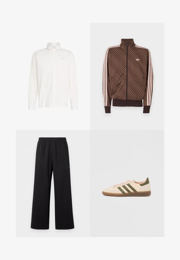 Καφέ αθλητικό μπουφάν Adidas με επαναλαμβανόμενο μοτίβο trefoil, ροζ τρεις ρίγες στα μανίκια, φερμουάρ μπροστά και μικρό λογότυπο trefoil στο στήθος.; Λευκό πουκάμισο με μακριά μανίκια και γιακά, με διακριτικό λογότυπο Adidas στο αριστερό μέρος του στήθους και απαλά ριγέ λεπτομέρειες στα μανίκια.; Μαύρο παντελόνι με φαρδύ πόδι, με ελαστική μέση και διακριτικό μικρό λογότυπο στο επάνω αριστερό μηρό, παρουσιάζεται σε απλό λευκό φόντο.; Χαμηλού προφίλ μπεζ αθλητικό παπούτσι Adidas Spezial με πράσινες ρίγες, σόλα από καουτσούκ και την επωνυμία "SPEZIAL" στην πλευρά, εμφανίζεται από την εξωτερική πλευρά.