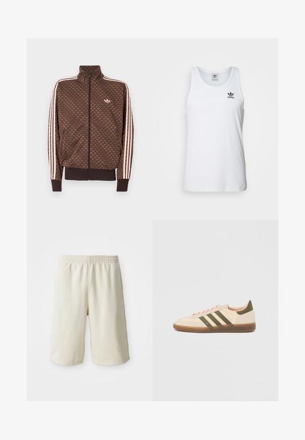 Brun Adidas træningsjakke med gentaget trefoil-mønster, lyserøde tre striber på ærmerne, lynlås foran og lille trefoil-logo på brystet.; Hvid ribbet tanktop med rund halsudskæring, sort Adidas-logo på venstre bryst og uden ærmer. Blødt bommateriale, afslappet pasform.; Lys beige træningsshorts med elastisk talje, glat tekstur og diskret logo-detalje på venstre side forneden. Ingen lommer.; Beige Adidas Spezial sneaker med lav profil, grønne striber, gummisål og "SPEZIAL"-branding på siden, vist fra ydersiden.