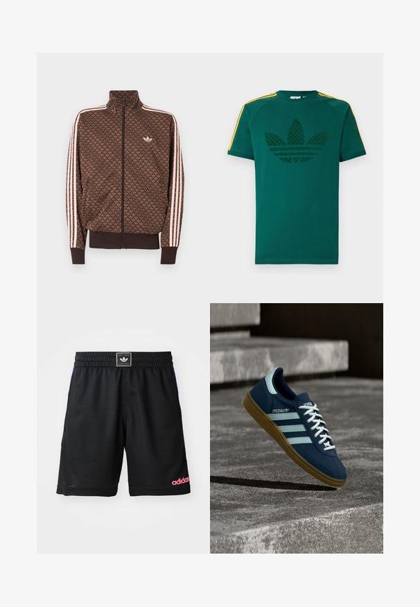 Brun Adidas træningsjakke med gentaget trefoil-mønster, lyserøde tre striber på ærmerne, lynlås foran og lille trefoil-logo på brystet.; Grøn T-shirt med korte ærmer med mørkegrønt Adidas trefoil-logo og gule striber på skuldrene mod en hvid baggrund.; Sort sportsshorts lavet af tekstureret, åndbart stof. Har en elastisk talje og et pink "adidas"-logo på den nederste højre side.; Blå Adidas Spezial sneaker med hvide striber og snørebånd, gummisål, svævende over en ru betongoverflade og trin i baggrunden.