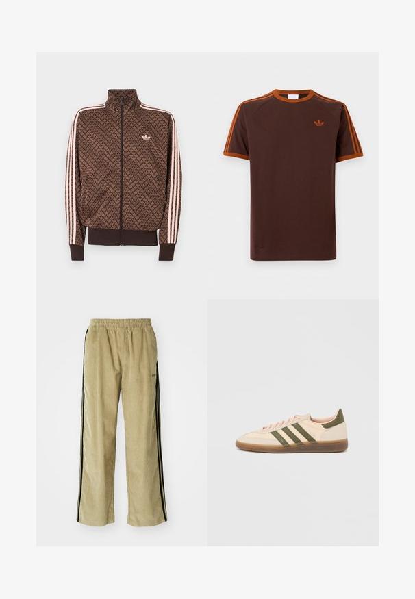 Braune Adidas-Trainingsjacke mit wiederholtem Trefoil-Muster, pinken drei Streifen an den Ärmeln, Frontreißverschluss und kleinem Trefoil-Logo auf der Brust.; Braunes T-Shirt mit kurzen Ärmeln, orangefarbenen Besätzen, orangefarbenen drei Streifen an den Ärmeln und kleinem orangefarbenem Adidas-Trefoil-Logo auf der linken Brust.; Beige Cordhosen mit einem elastischen Bund, die schwarze Seitenstreifen aufweisen. Der Stoff hat eine gerippte Textur und läuft am Saum leicht aus.; Flacher, beigefarbener Adidas Spezial Sneaker mit grünen Streifen, Gummisohle und "SPEZIAL" Schriftzug an der Seite, von der Außenseite gezeigt.