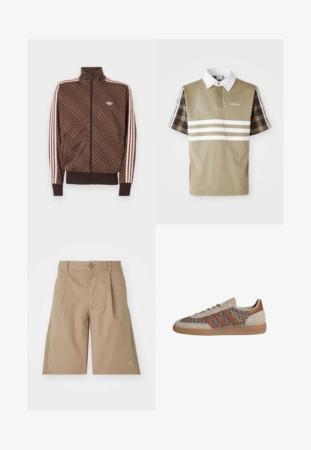Chaqueta de chándal marrón de Adidas con patrón repetido de trébol, tres rayas rosas en las mangas, cremallera frontal y pequeño logo de trébol en el pecho.; Polo de color verde oliva con rayas blancas y un patrón de cuadros en las mangas cortas. Presenta un cuello blanco y un logo en el pecho.; Bermudas de algodón beige con corte recto, pliegues frontales y cierre de botón único. Presentan un sutil logo en la parte inferior izquierda.; Zapatilla baja con ante beige, rayas de cuero marrón, paneles de tela a cuadros y suela de goma.