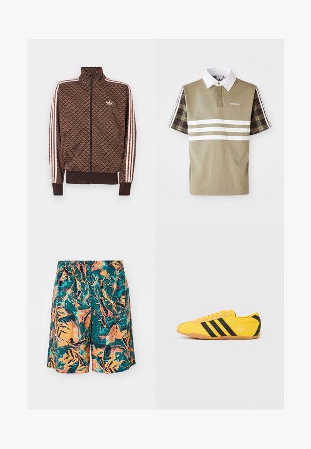 Bruine Adidas trainingsjack met herhalend trefoil-patroon, roze drie strepen op de mouwen, een ritssluiting aan de voorkant en een klein trefoil-logo op de borst.; Polo shirt in olijfgroen met witte strepen en een geruit patroon op de korte mouwen. Heeft een witte kraag en een logo op de borst.; Zwemshorts met een oranje, teal en zwart junglebladpatroon, gemaakt van lichte stof met een elastische tailleband voor comfort.; Geel sportschoen met een gestructureerd bovenwerk, voorzien van zwarte strepen en logo. Ronde neus, zachte zool en zigzagpatroon op het materiaal.