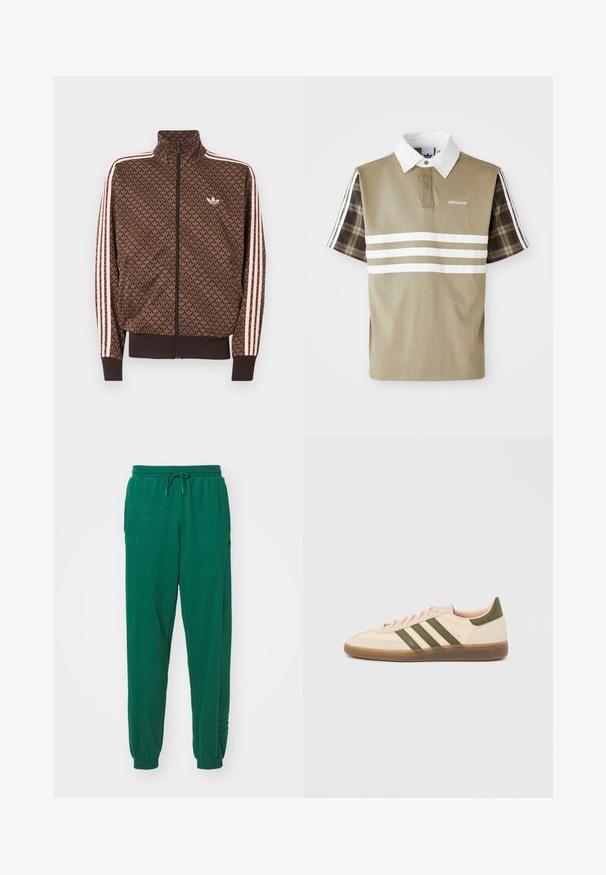 Bruine Adidas trainingsjack met herhalend trefoil-patroon, roze drie strepen op de mouwen, een ritssluiting aan de voorkant en een klein trefoil-logo op de borst.; Polo shirt in olijfgroen met witte strepen en een geruit patroon op de korte mouwen. Heeft een witte kraag en een logo op de borst.; Groene katoenen joggingsbroeken met een trekkoord in de taille, elastische boorden en zijzakken. De stof lijkt zacht met een gladde textuur.; Beige Adidas Spezial sneaker met een laag profiel, groene strepen, een gumkleurige zool en "SPEZIAL" branding aan de zijkant, gezien vanaf de buitenzijde.