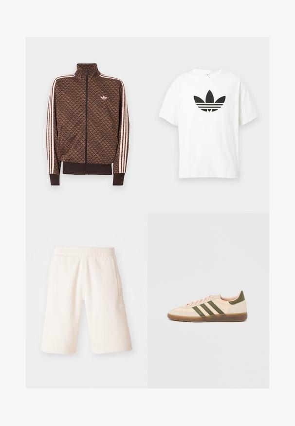 Braune Adidas-Trainingsjacke mit wiederholtem Trefoil-Muster, pinken drei Streifen an den Ärmeln, Frontreißverschluss und kleinem Trefoil-Logo auf der Brust.; Weißes Baumwoll-T-Shirt mit großem schwarzem Adidas Trefoil-Logo und drei horizontalen Streifen darunter. Kurze Ärmel, Rundhalsausschnitt.; Cremfarbene Baumwollshorts mit einem elastischen Bund, seitlichen Taschen und einem dezenten Logo am linken Bein. Glatte Textur und knielanges Design.; Flacher, beigefarbener Adidas Spezial Sneaker mit grünen Streifen, Gummisohle und "SPEZIAL" Schriftzug an der Seite, von der Außenseite gezeigt.