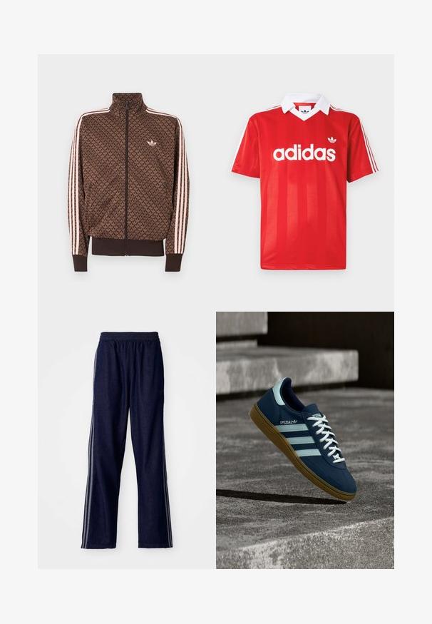 Braune Adidas-Trainingsjacke mit wiederholtem Trefoil-Muster, pinken drei Streifen an den Ärmeln, Frontreißverschluss und kleinem Trefoil-Logo auf der Brust.; Rotes Adidas-Sporttrikot mit weißem Kragen, drei weißen Streifen an den Ärmeln und Adidas-Logo mittig auf der Brust.; Marineblaue Sporthosen mit einem elastischen Bund, ausgestattet mit drei weißen seitlichen Streifen und einem geraden Bein. Weicher Denim-Look.; Blauer Adidas Spezial Sneaker mit weißen Streifen und Schnürsenkeln, Gummisohle, schwebend über rauer Betonoberfläche und Treppen im Hintergrund.