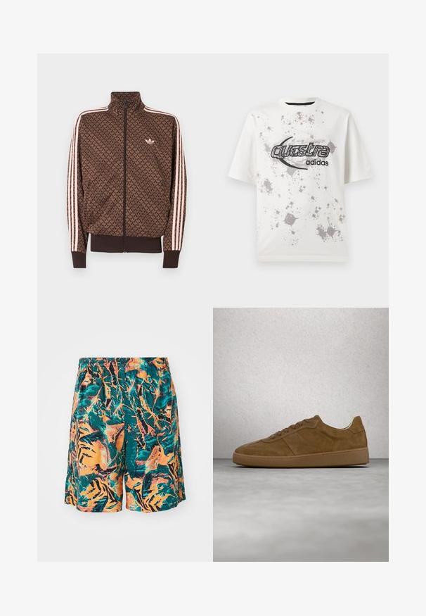 Ruskea Adidas-urheilutakki, jossa toistuva trefoil-kuvio, vaaleanpunaiset kolme raitaa hihoissa, edessä vetoketju ja pieni trefoil-logo rinnassa.; Valkoinen lyhythihainen t-paita, jossa harmaa maalitahrojen kuvio ja mustat "Questra"- ja "adidas"-logot keskellä etupuolella.; Uimashortsit, joissa on oranssi, teal ja musta viidakonlehtikuvio, valmistettu kevyestä kankaasta ja mukautuvan vyötärönauhan kanssa mukavuutta varten.; Ruskeat mokkanahkakengät vaaleanruskeilla nauhoilla ja kumipohjalla. Kengissä on pyöreä kärki ja kirjailtu yläosa. Kevyt muotoilu.