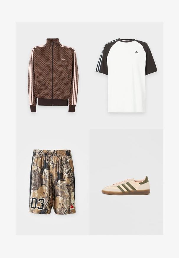 Veste de survêtement marron Adidas avec motif répétitif de trèfle, trois bandes roses sur les manches, fermeture éclair à l'avant, et petit logo trèfle sur la poitrine.; T-shirt blanc avec manches raglan noires, présentant des accents rayés bleus sur les épaules et un petit logo noir sur la poitrine.; Shorts camouflés avec une taille élastique, présentant un mélange de marrons et de noirs, un grand "03" en blanc et un logo Adidas en rouge.; Baskets beige discrètes Adidas Spezial avec des bandes vertes, une semelle en caoutchouc et le logo "SPEZIAL" sur le côté, vues de l'extérieur.