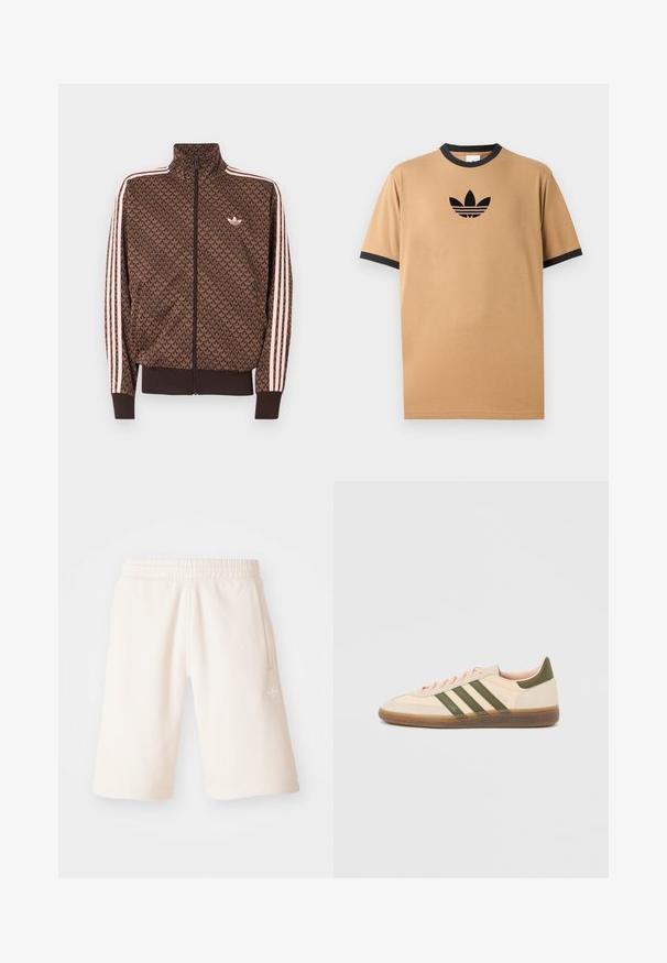 Chaqueta de chándal marrón de Adidas con patrón repetido de trébol, tres rayas rosas en las mangas, cremallera frontal y pequeño logo de trébol en el pecho.; Camiseta de algodón beige con un cuello y puños de canalé negros. Presenta un logo negro de Adidas con tres rayas debajo del logo en el pecho.; Pantalones cortos de algodón color crema con cintura elástica, bolsillos laterales y un logotipo sutil en la pierna izquierda. Textura suave y diseño hasta la rodilla.; Zapatilla Adidas Spezial beige de perfil bajo con rayas verdes, suela de goma y la marca "SPEZIAL" en el lateral, vista desde el lado exterior.