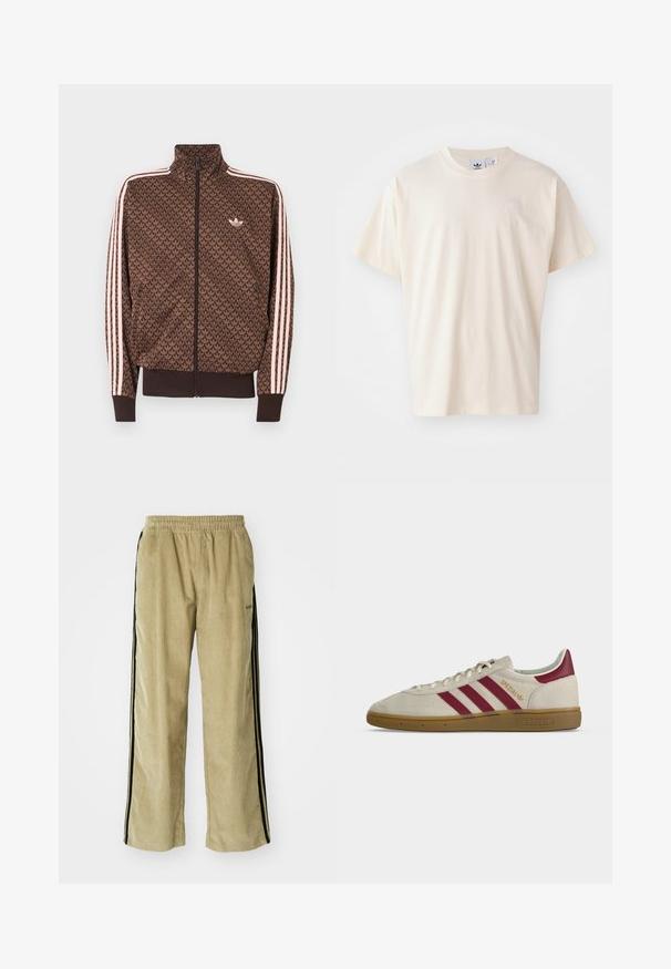 Chaqueta de chándal marrón de Adidas con patrón repetido de trébol, tres rayas rosas en las mangas, cremallera frontal y pequeño logo de trébol en el pecho.; Camiseta de algodón color crema con cuello redondo y mangas cortas; presenta un pequeño logo de color claro en el pecho.; Pantalones de pana beige con cintura elástica, con franjas laterales negras. La tela tiene una textura acanalada y es ligeramente acampanada en el fondo.; Zapatilla beige Adidas Spezial con tres franjas burdeos, lengüeta trasera burdeos, suela de goma y texto dorado "Spezial" en el lateral.