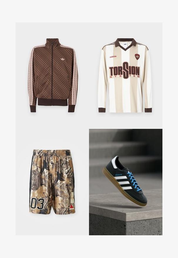 Chaqueta de chándal marrón de Adidas con patrón repetido de trébol, tres rayas rosas en las mangas, cremallera frontal y pequeño logo de trébol en el pecho.; Camiseta de fútbol de manga larga con rayas beige y blancas; cuenta con un cuello y puños marrones, un gran logo rojo "TORSION SYSTEM" y la marca adidas.; Shorts de camuflaje con una cinturilla elástica, que presentan una mezcla de marrones y negros, un gran "03" en blanco y un logo de Adidas en rojo.; Zapatilla negra Adidas con franjas blancas, cordones azules y suela de goma flotando sobre un escalón de hormigón gris con luz suave.