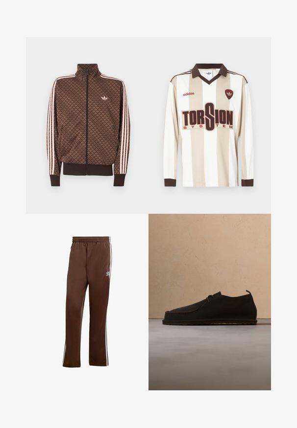 Brun Adidas træningsjakke med gentaget trefoil-mønster, lyserøde tre striber på ærmerne, lynlås foran og lille trefoil-logo på brystet.; Langærmet beige og hvidstribet fodboldtrøje; har brun krave og ærmekanter, stort rødt "TORSION SYSTEM" logo og adidas-mærkning.; Brune atletiske bukser lavet af glat stof, med hvide sidelister og elastisk talje. Inkluderer lommer på begge sider.; Mørkebrun casual lædersko med snørebånd, placeret oprejst på tæppe foran beige sofa.
