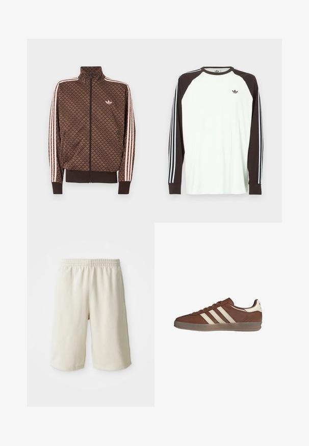 Chaqueta de chándal marrón de Adidas con patrón repetido de trébol, tres rayas rosas en las mangas, cremallera frontal y pequeño logo de trébol en el pecho.; Camiseta blanca de manga larga con mangas raglán marrones. Presenta detalles a rayas azules y blancas en las mangas y un pequeño logotipo en el pecho.; Pantalones cortos deportivos de color beige claro con una cintura elástica, textura suave y un sutil detalle del logo en la parte inferior izquierda. Sin bolsillos.; Zapatilla de piel marrón baja con rayas blancas y lengüeta en el talón, suela translúcida y cierre de cordones sobre un fondo blanco.