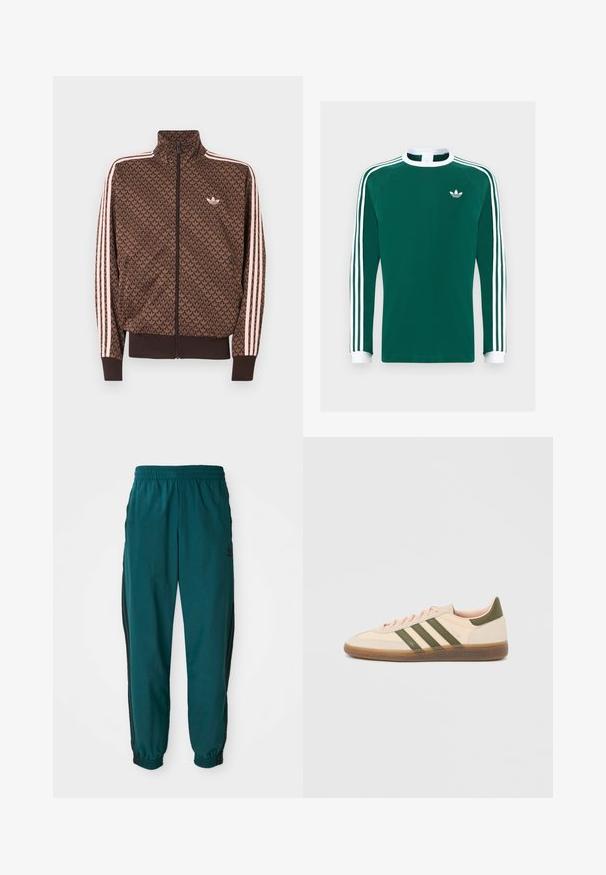Braune Adidas-Trainingsjacke mit wiederholtem Trefoil-Muster, pinken drei Streifen an den Ärmeln, Frontreißverschluss und kleinem Trefoil-Logo auf der Brust.; Langarmshirt aus grüner Baumwolle mit weißem Kragen und Bündchen, das auf jedem Arm drei weiße Streifen und ein kleines weißes Logo auf der Brust hat.; Türkise Sporthose mit einem Kordelzugbund, elastischen Bündchen und seitlichen schwarzen Streifen. Hergestellt aus leichtem Stoff und mit einem Logo in der Nähe der Hüfte.; Flacher, beigefarbener Adidas Spezial Sneaker mit grünen Streifen, Gummisohle und "SPEZIAL" Schriftzug an der Seite, von der Außenseite gezeigt.