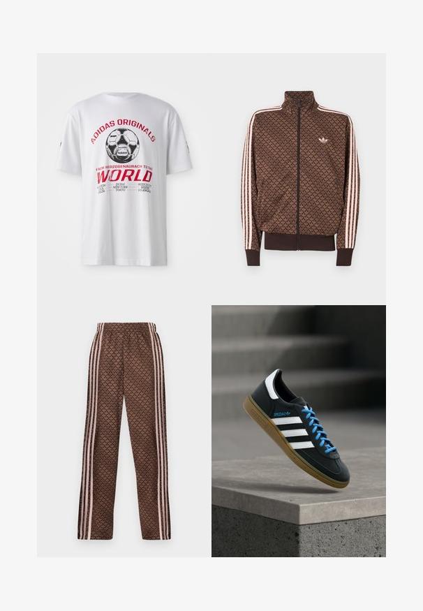 Bruine Adidas trainingsjack met herhalend trefoil-patroon, roze drie strepen op de mouwen, een ritssluiting aan de voorkant en een klein trefoil-logo op de borst.; Witte katoenen t-shirt met een gedrukt zwart en rood grafisch ontwerp van een voetbal en stadnamen. Korte mouwen, ronde halsontwerp.; Bruine trainingsbroek met lichtroze verticale strepen aan de zijkanten en een herhalend bladpatroon over de hele broek, elastische tailleband, recht gesneden pijpen.; Zwarte Adidas-sneaker met witte strepen, blauwe veters en een gumzool die boven een grijze betonnen trede zweeft in zacht licht.