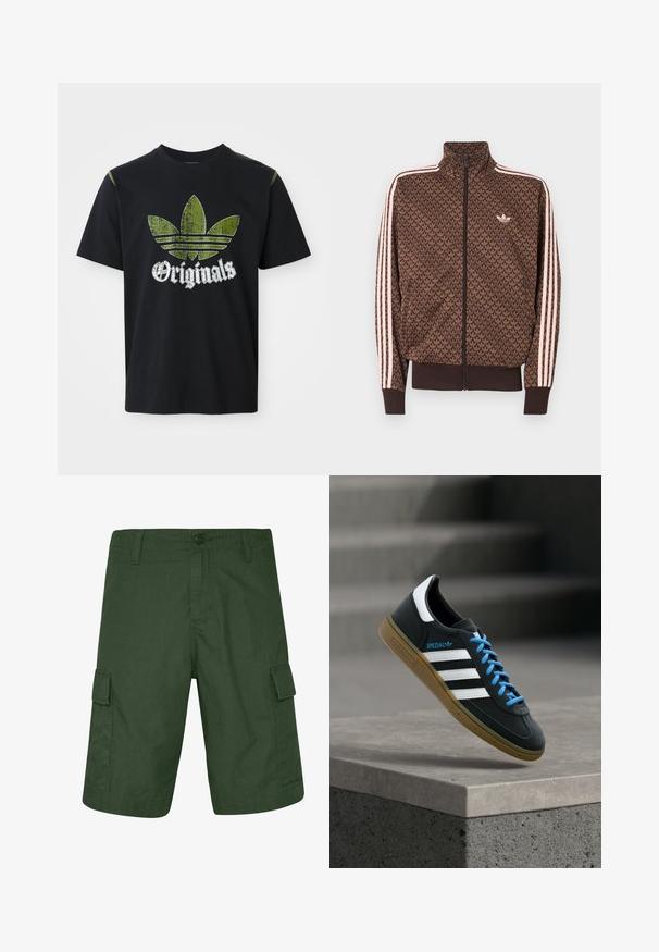 Chaqueta de chándal marrón de Adidas con patrón repetido de trébol, tres rayas rosas en las mangas, cremallera frontal y pequeño logo de trébol en el pecho.; Camiseta de algodón negra con un gráfico verde desgastado que presenta tres rayas y la palabra "Originales" debajo en blanco, cuello redondo, mangas cortas.; Pantalones cortos cargo en un verde oscuro, hechos de un tejido ligero, que cuentan con dos bolsillos laterales y cierre de botón. Superficie texturizada con corte recto.; Zapatilla negra Adidas con franjas blancas, cordones azules y suela de goma flotando sobre un escalón de hormigón gris con luz suave.