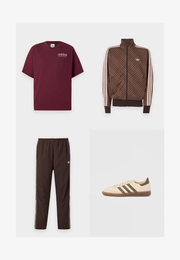 Chaqueta de chándal marrón de Adidas con patrón repetido de trébol, tres rayas rosas en las mangas, cremallera frontal y pequeño logo de trébol en el pecho.; Camiseta de manga corta burdeos hecha de algodón. Presenta un cuello redondo y un pequeño logo blanco de "adidas" con "SPORT DESIGN STUDIO" debajo.; Pantalones deportivos marrones con cintura elástica, con detalles en rosa y franjas laterales blancas. Fabricados con una tela suave y ligera.; Zapatilla Adidas Spezial beige de perfil bajo con rayas verdes, suela de goma y la marca "SPEZIAL" en el lateral, vista desde el lado exterior.