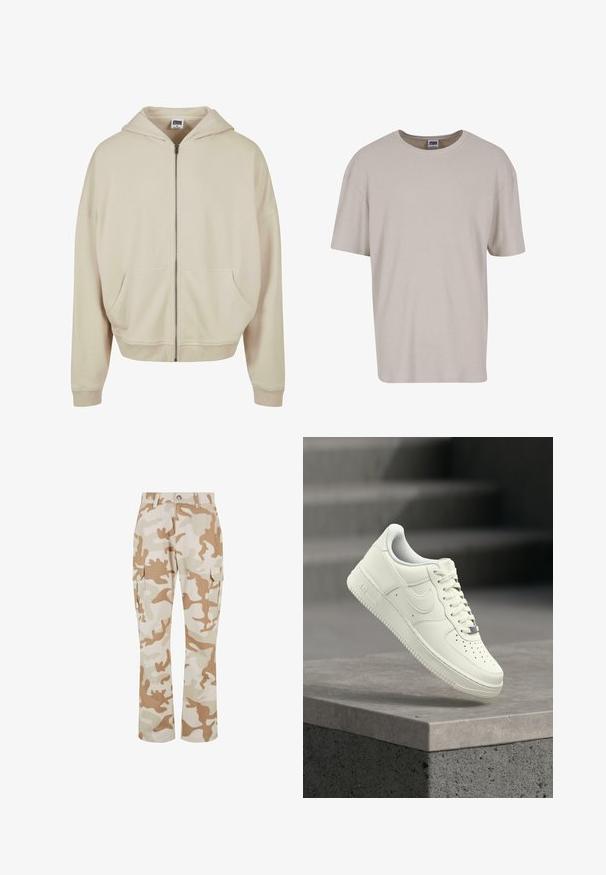 Haut à capuche zippé beige avec une capuche, des poches avant, des poignets et un ourlet côtelés. Fabriqué à partir d'un matériau doux avec une texture lisse.; T-shirt beige clair à manches courtes en tissu texturé, avec un col rond et une coupe ample. Aucun motif ni matériel visible.; Pantalons cargo beige en camouflage avec poches latérales, fabriqués en tissu à la texture lisse, présentant une coupe droite et une fermeture à bouton.; Baskets en cuir blanc au design profilé, surface texturée, perforations sur le bout et accents argentés sur les lacets et le logo.