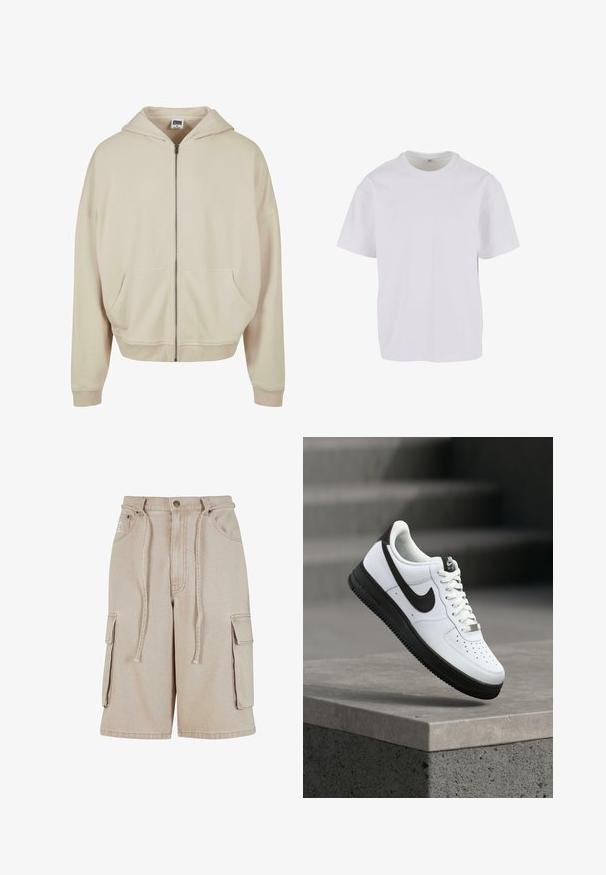 Beige zip-up hoodie met een capuchon, voorzakken, ribgebreide manchetten en zoom. Gemaakt van zacht materiaal met een gladde textuur.; Witte T-shirt met korte mouwen van zacht katoen, met een ronde halslijn en een ontspannen pasvorm met rechte zoom. Geen patronen of accenten zichtbaar.; Beige cargoshorts van katoen met een trekkoord in de taille, twee zijzakken en een enkele zijzak, met zichtbare stikdetails.; Witte leren sneaker met zwarte accenten, afgeronde neus en geperforeerde details. Zwarte rubberen zool met een gestructureerd patroon en vetersluiting.