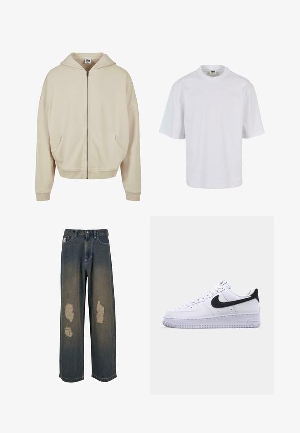 Beige zip-up hoodie met een capuchon, voorzakken, ribgebreide manchetten en zoom. Gemaakt van zacht materiaal met een gladde textuur.; Witte, korte mouw t-shirt van katoen. Beschikt over een ronde hals en een losse pasvorm met een gladde textuur en geen zichtbare patronen of graphics.; Verbleekte blauwe denim jeans met een wijde pijp, voorzien van versleten plekken en rafelige randen. Metalen knoop- en ritssluiting, met voorzakken.; Witte leren sneaker met een gestructureerde zwarte Swoosh, platte veters en een rubberen zool met een geribbeld patroon. "AIR" is in de hak geperst.