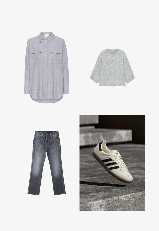 Lysegrå strikket cardigan med fem knapper og rund halsudskæring, med lange, let brede ærmer.; Stribet skjorte i blå og hvid. Har en klassisk krave, to brystlommer og lange ærmer med knapmanchetter.; Mørkegrå straight-leg denimjeans med falmet finish, frontknap og lynlås og fem-lomme stil på hvid baggrund.; Hvid Adidas Samba sneaker med sorte striber og gummsål, svævende over teksturerede grå betonstrin.