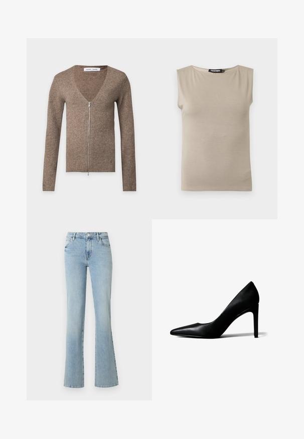 Cardigan marron à manches longues avec col en V, fermeture éclair à l'avant et logo discret en bas à droite.; Haut beige en coton sans manches avec larges bretelles et col rond, taille moyenne, posé à plat sur fond blanc.; Jean bleu clair taille haute avec bouton et fermeture éclair à l'avant, deux poches avant et jambes droites légèrement évasées sur fond blanc.; Chaussure à talon haut en cuir noir à bout pointu avec un talon aigu fin sur fond blanc.