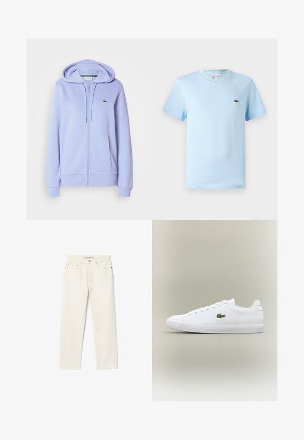 Paarse hoodie met rits gemaakt van zachte stof, voorzien van een kangoeroezak en capuchon met trekkoord. Klein geborduurd logo op de borst.; Lichtblauw katoenen t-shirt met korte mouwen, een ronde hals met een groen-witte gestreepte rand, en een klein geborduurd logo op de borst.; Crème-kleurige denim jeans met een rechte pijp, voorzien van twee voorzakken, een knoopsluiting en subtiele branding nabij de tailleband.; Witte leren sneakers met een gestructureerde rubberen zool, voorzien van een groene geborduurde krokodillogo aan de zijkant en minimale branding.