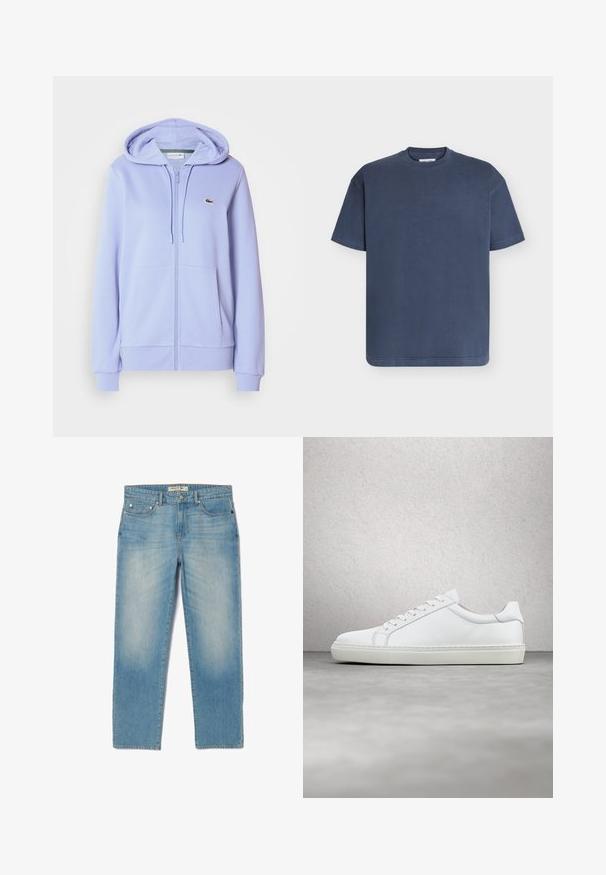Lila Kapuzenjacke mit Reißverschluss aus weichem Stoff, mit Kängurutasche und Kapuze mit Kordelzug. Kleines, aufgesticktes Logo auf der Brust.; Unifarbenes marineblaues Kurzarm-T-Shirt mit Rundhalsausschnitt, schlichtes Design, sichtbare Nähte an Ärmeln und Saum, auf hellem Hintergrund flach liegend.; Helle blaue Denim-Jeans mit geradem Bein, fünf Taschen und einer leicht abgeriebenen Waschung. Merkmale sind silberne Hardware und ein Markenetikett am Bund.; Weißer Sneaker mit glattem Lederobermaterial und niedrigem Profil. Verfügt über eine runde Zehenpartie, sechs Ösen und eine strukturierte Gummisohle.
