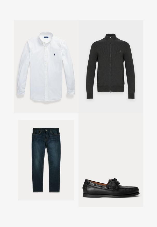 Mørkegrå ribstrikket trøje med lynlås og høj krave, med en sølvfarvet logodetalje på brystet og en glat tekstur.; Hvid langærmet skjorte med knapper og krave, Polo Ralph Lauren-logo broderet på venstre bryst.; Mørkeblå slim-fit jeans med let falmning og fem-lomme-design, lagt fladt på hvid baggrund.; Sort lædermoccasin med snøredetalje og lav gummisål, vist fra siden på ensartet lys baggrund.
