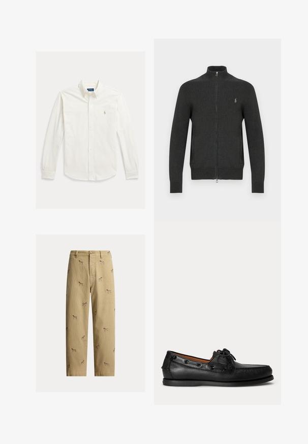 Mørkegrå ribstrikket trøje med lynlås og høj krave, med en sølvfarvet logodetalje på brystet og en glat tekstur.; Hvid langærmet skjorte med knapper og krave samt Polo Ralph Lauren-logo broderet på venstre bryst.; Beige fløjlsbukser med broderede hundemotiver, lige ben, fem lommer og knaplukning foran.; Sort lædermoccasin med snøredetalje og lav gummisål, vist fra siden på ensartet lys baggrund.