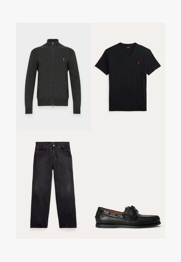 Suéter gris oscuro acanalado con cremallera, cuello alto, con un logo plateado en el pecho y una textura lisa.; Camiseta negra de manga corta con escote en V y pequeño logo rojo de Polo Ralph Lauren en el pecho izquierdo.; Vaqueros negros de corte recto con cinco bolsillos, cierre de botón y remaches metálicos visibles en los bolsillos delanteros.; Mocasín negro de cuero con detalle de cordones y suela baja de goma, visto de lado sobre un fondo claro y liso.