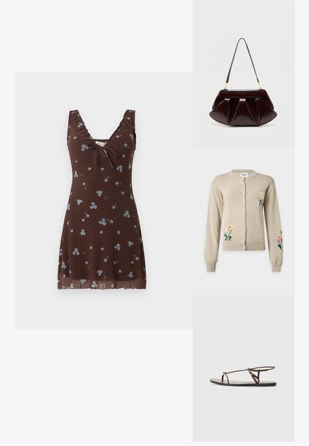 Cardigan beige à boutons avec broderies florales sur les manches inférieures gauche et droite et une petite pièce avec illustration de chien sur la partie supérieure droite de la poitrine.; Robe marron sans manches avec petit imprimé floral bleu, bretelles froncées, col en V et détail noué à l'avant.; Sandale en cuir marron avec des fines lanières, un accent circulaire doré et une semelle plate. Design minimaliste avec un détail de boucle réglable.; Sac à main en cuir marron foncé avec plis froncés, ferrures dorées et une seule bandoulière, sur un fond clair uni.