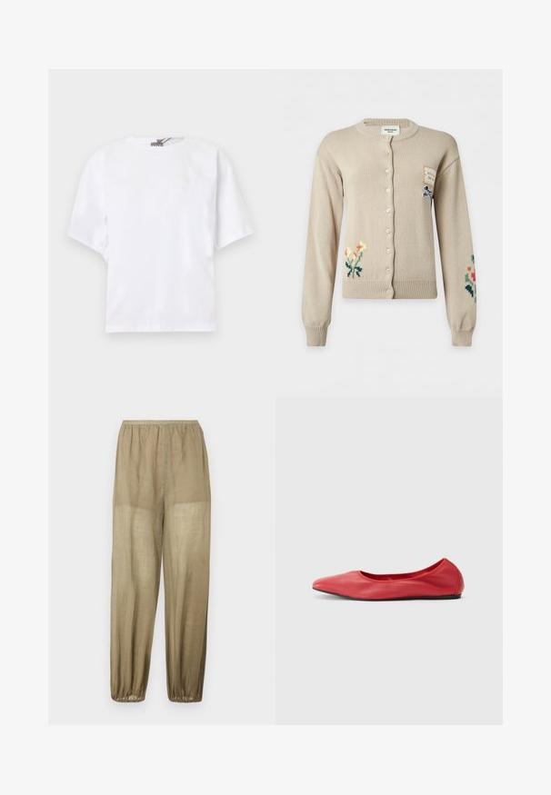 Cardigan beige à boutons avec broderies florales sur les manches inférieures gauche et droite et une petite pièce avec illustration de chien sur la partie supérieure droite de la poitrine.; T-shirt blanc à manches courtes, col rond, coupe décontractée avec un détail discret froncé sur les côtés, présenté sur un fond clair.; Pantalon en lin beige léger et ample avec une taille élastique et des poignets élastiques aux chevilles.; Filippa K REY FLATS - Ballerines - bright red