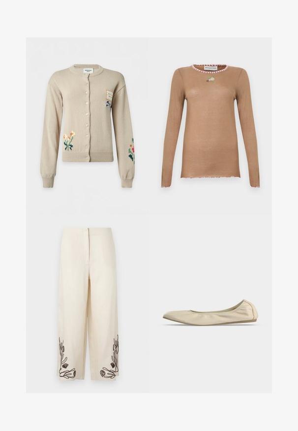 Cardigan beige à boutons avec broderies florales sur les manches inférieures gauche et droite et une petite pièce avec illustration de chien sur la partie supérieure droite de la poitrine.; Pull marron à manches longues avec bordure rose en forme de vague sur l'encolure, les poignets et l'ourlet, orné d'une petite fleur et d'une abeille brodées sur la poitrine.; Pantalon large crème avec des motifs brodés noirs d'algues et de coquillages près de l'ourlet sur les deux jambes.; Ballerine beige en cuir souple avec bout arrondi, profil latéral bas et semelle fine en caoutchouc sur fond blanc uni.