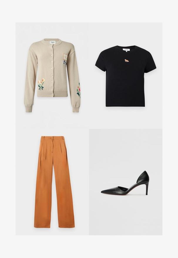 Cardigan beige abotonado con bordado floral en las mangas inferiores izquierda y derecha y un pequeño parche con ilustración de un perro en el pecho superior derecho.; Camiseta corta negra de manga corta con pequeño logo bordado de zorro naranja centrado debajo del escote redondo.; Pantalones de pierna ancha color óxido, con plisados, trabillas para cinturón y cierre frontal con cremallera oculta, mostrados planos sobre un fondo blanco.; Zapatos de tacón alto de cuero negro con punta afilada, lados abiertos y una silueta elegante. Presentan un tacón delgado y un acento en la suela roja.
