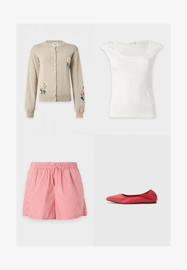Cardigan beige à boutons avec broderies florales sur les manches inférieures gauche et droite et une petite pièce avec illustration de chien sur la partie supérieure droite de la poitrine.; Haut blanc sans manches côtelé avec un col rond et de petites épaulettes, présenté sur un fond clair uni.; Shorts roses en tissu léger, dotés d'une ceinture élastique avec un cordon de serrage, fentes latérales pour faciliter les mouvements.; Filippa K REY FLATS - Ballerines - bright red