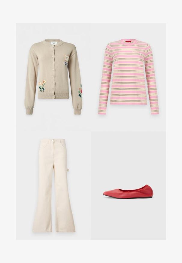 Cardigan beige à boutons avec broderies florales sur les manches inférieures gauche et droite et une petite pièce avec illustration de chien sur la partie supérieure droite de la poitrine.; Chemise à manches longues avec des rayures horizontales roses, crème et noires, col rond, et petit logo blanc "MAX&Co." sur la poitrine.; Jean beige évasé en coton avec taille haute, présentant une fermeture à bouton, cinq poches et un détail de boucle sur le côté.; Filippa K REY FLATS - Ballerines - bright red