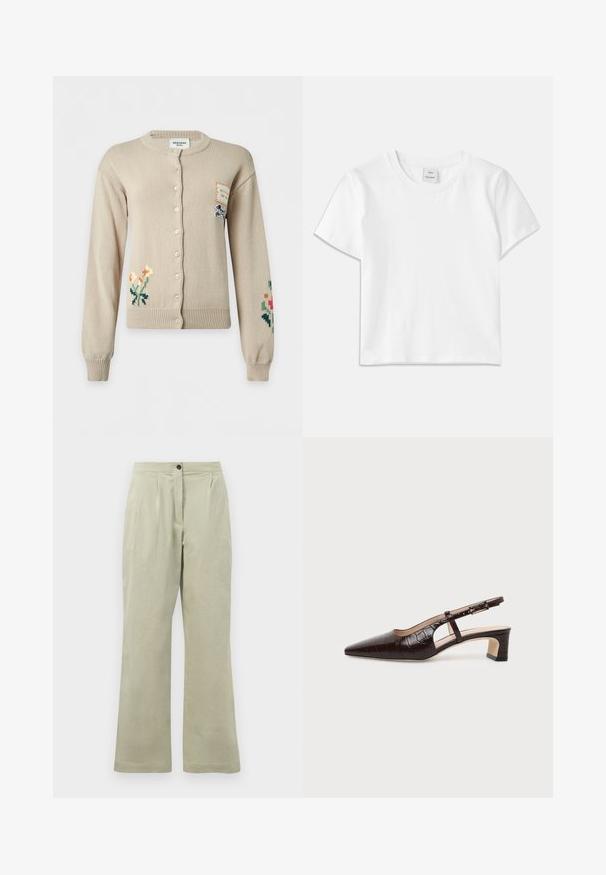 Cardigan beige à boutons avec broderies florales sur les manches inférieures gauche et droite et une petite pièce avec illustration de chien sur la partie supérieure droite de la poitrine.; T-shirt en coton blanc avec un col rond, des manches courtes et un ourlet droit. Étiquette marquée "Won Hundred" au centre de l'encolure.; Pantalons larges vert clair en tissu doux, dotés d'une fermeture à bouton à l'avant, de plis et d'un ourlet net.; Chaussure slingback en cuir marron foncé à texture crocodile, bout pointu, talon bas bloc et bride ajustable avec boucle dorée.