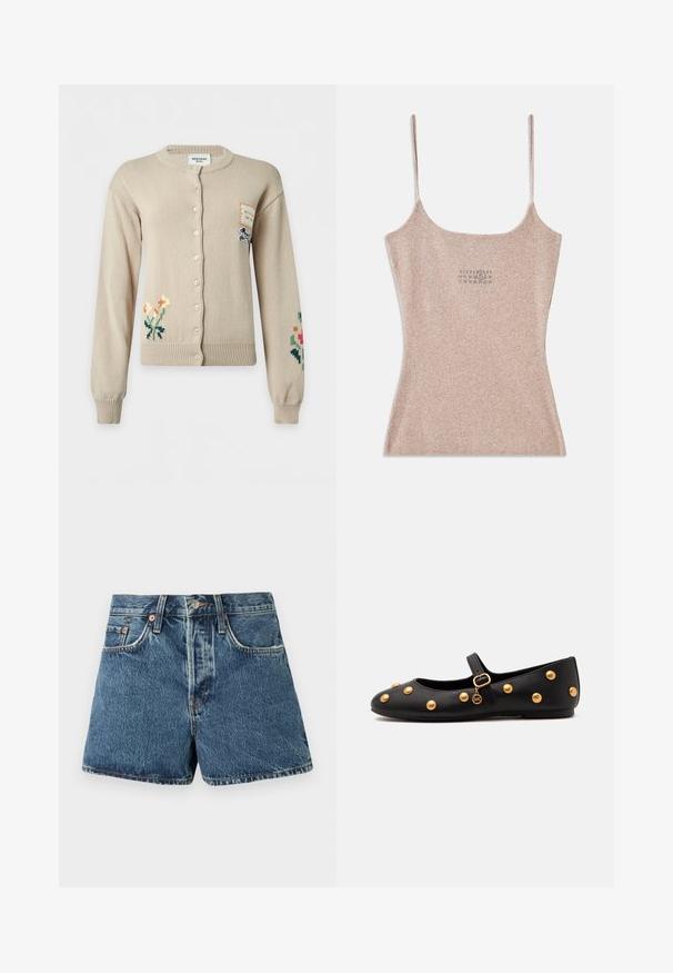 Beige cardigan med knapper med blomstret broderi på nederste venstre og højre ærmer og et lille patch med hundeillustration på øverste højre bryst.; Ribbet, beige top med tynde justerbare stropper. Har en firkantet udskæring og en lille trykt detalje nær midten.; Denimshorts i mellemblå med høj talje, fem lommer, kontrasterende syninger og lukning med metalknap. Struktureret stof med en let falming.; Sort Mary Jane flad sko med gyldne runde nitter, en guldbelægning med spænde og en lille guldkæde, der hænger fra remmen.