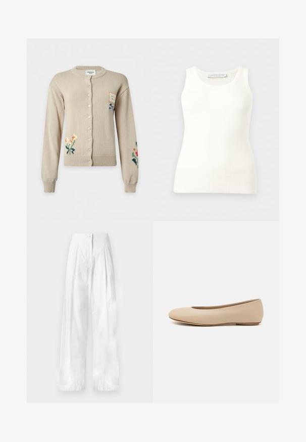 Beige cardigan med knapper med blomstret broderi på nederste venstre og højre ærmer og et lille patch med hundeillustration på øverste højre bryst.; Hvid, ribstrikket, ærmeløs tanktop med rund halsudskæring, tætsiddende pasform og mærkeetiket på indersiden af bagkraven.; Hvide højtaljede bukser med vide ben, front-lakseringer og enkelt knaplukning i taljen.; Beige læder balletflade med afrundet tå, minimal sømdetaljering, lav hæl og subtilt logo på bagsiden. Glat, mat tekstur.