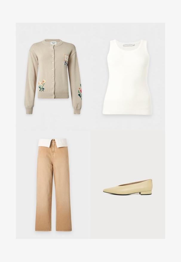 Cardigan beige à boutons avec broderies florales sur les manches inférieures gauche et droite et une petite pièce avec illustration de chien sur la partie supérieure droite de la poitrine.; Débardeur blanc côtelé sans manches avec encolure ronde, coupe ajustée, et étiquette de la marque à l'intérieur du col arrière.; Pantalon large à taille haute beige avec fermeture visible par bouton et fermeture éclair, assorti d'un col de chemise blanc rentré.; Chaussure femme en cuir beige avec talon bas, bout pointu et design minimaliste, présentée de profil sur un fond uni.