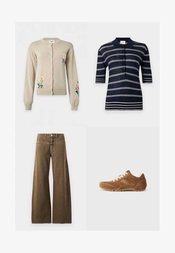 Cardigan beige à boutons avec broderies florales sur les manches inférieures gauche et droite et une petite pièce avec illustration de chien sur la partie supérieure droite de la poitrine.; Polo bleu marine à manches courtes avec rayures horizontales blanches et patte boutonnée, texture côtelée et col pointu.; Pantalon marron taille haute à jambes larges avec bouton devant, passants de ceinture, et coutures visibles sur fond clair.; Baskets en cuir suédé marron avec des lacets crème, des panneaux latéraux texturés et une semelle en caoutchouc avec des stries. Bout arrondi et design de col rembourré.