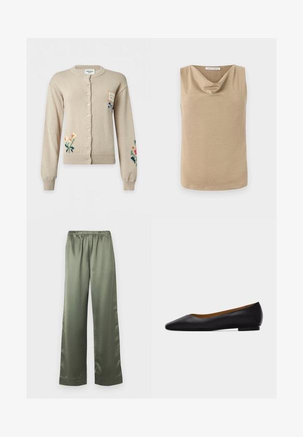 Cardigan beige à boutons avec broderies florales sur les manches inférieures gauche et droite et une petite pièce avec illustration de chien sur la partie supérieure droite de la poitrine.; Blouse beige sans manches avec encolure drapée et ourlet droit, en tissu lisse, étiquette Tiger of Sweden à l'intérieur du col.; Pantalon ample en satin vert olive avec une taille élastique et des jambes larges et droites.; Chaussure plate en cuir noir à bout pointu avec talon bas et finition lisse, vue de côté sur un fond gris clair.