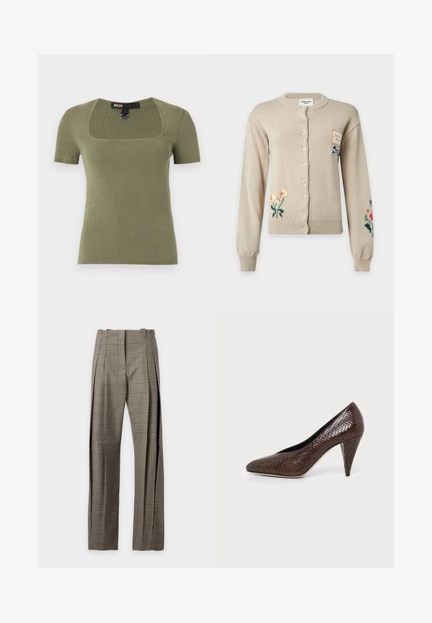 Cardigan beige à boutons avec broderies florales sur les manches inférieures gauche et droite et une petite pièce avec illustration de chien sur la partie supérieure droite de la poitrine.; Top en maille côtelée à manches courtes de couleur vert olive avec un col carré et une étiquette de marque visible au niveau du col arrière.; Pantalon taille haute à jambes larges avec motif à carreaux beige et noir et plis, présenté sur un fond clair uni.; Chaussure à talon haut marron avec un bout pointu et un motif texturé en cuir de serpent, vue de côté sur un fond clair uni.