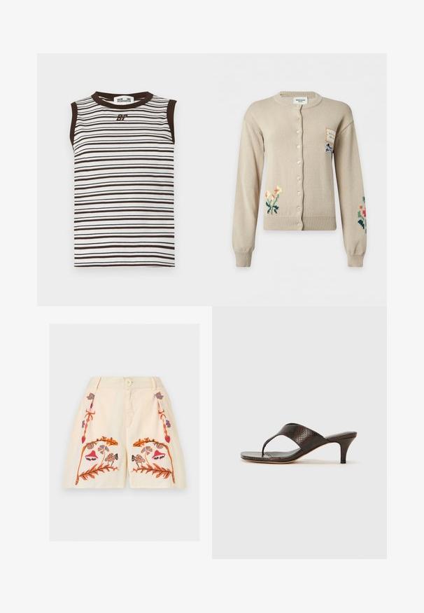 Cardigan beige à boutons avec broderies florales sur les manches inférieures gauche et droite et une petite pièce avec illustration de chien sur la partie supérieure droite de la poitrine.; Haut blanc sans manches avec fines rayures horizontales marron foncé, bordure marron foncé au col et aux emmanchures, et logo "6F" au centre de la poitrine.; Shorts crème avec bouton devant, fermeture éclair, et motifs brodés symétriques floraux et champignons en orange, rose, bleu et marron.; Sandales à talons en simili cuir serpent marron avec un design en tongs et un bout carré. Le talon mesure environ 5 cm de hauteur, avec une finition lisse.