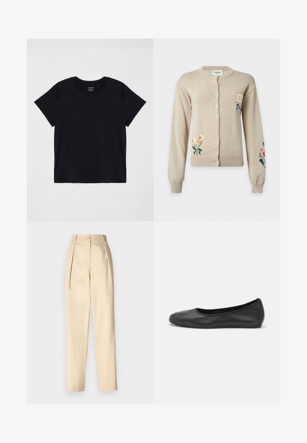 Cardigan beige à boutons avec broderies florales sur les manches inférieures gauche et droite et une petite pièce avec illustration de chien sur la partie supérieure droite de la poitrine.; T-shirt noir à manches courtes en coton doux. Design classique à col rond avec une surface simple et sans embellissement et une coupe décontractée.; Pantalons beiges sur mesure à taille haute, avec des plis avant, une fermeture à bouton unique et des jambes fuselées. Fabriqués dans un tissu lisse.; Ballerines en cuir noir avec un bout rond, texture lisse, détails de couture minimalistes et design de semelle flexible.