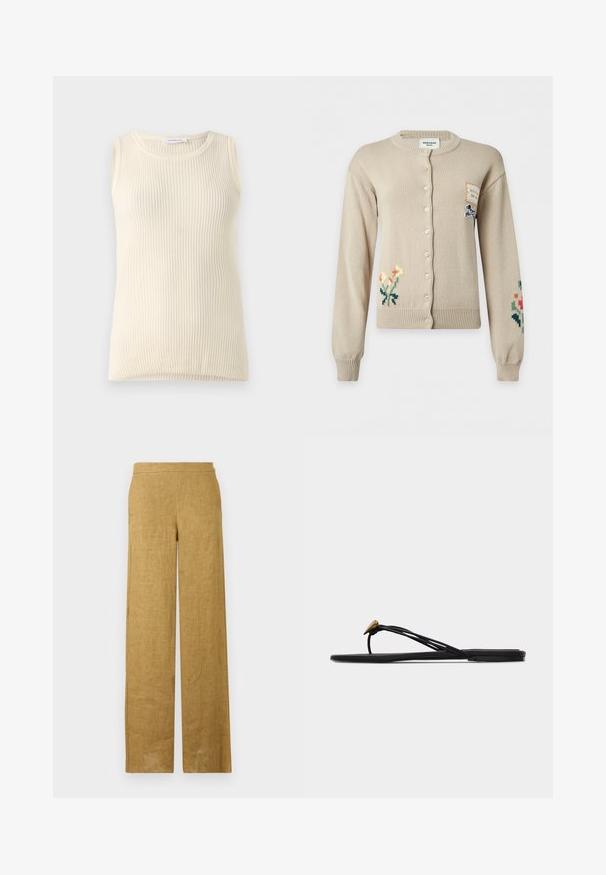Cardigan beige à boutons avec broderies florales sur les manches inférieures gauche et droite et une petite pièce avec illustration de chien sur la partie supérieure droite de la poitrine.; Haut sans manches crème avec une texture côtelée et un col rond. Le tissu semble doux, avec une coupe ajustée et sans motifs ni accents visibles.; Pantalon taille haute à jambes larges en lin marron clair, avec un devant lisse et un design minimaliste.; Sandale plate noire en forme de tongs avec plusieurs fines lanières et une petite déco dorée en forme de larme sur la lanière avant.