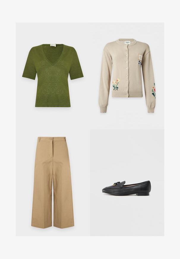 Cardigan beige à boutons avec broderies florales sur les manches inférieures gauche et droite et une petite pièce avec illustration de chien sur la partie supérieure droite de la poitrine.; Pull vert olive à manches courtes et col en V, fabriqué en maille légère, avec bordures côtelées aux manches et à la base.; Pantalon beige taille haute à jambes larges, avec passants pour ceinture, fermeture avant par boutons et une fermeture éclair cachée.; Mocassin en cuir noir avec un bout arrondi, un nœud décoratif et un détail doré sur l'empeigne, et un talon bas carré. Texture lisse.