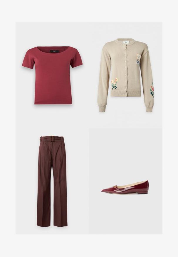 Cardigan beige à boutons avec broderies florales sur les manches inférieures gauche et droite et une petite pièce avec illustration de chien sur la partie supérieure droite de la poitrine.; Haut pour femmes à manches courtes, de couleur rose foncé, avec un large décolleté en arrondi et une coupe ajustée, posé à plat sur un fond blanc.; Pantalon marron taille haute à jambes larges, devant plissé et ceinture assortie avec boucle rectangulaire en écaille.; Ballerines en cuir verni bordeaux avec un bout pointu, présentant un petit détail découpé et un petit talon. Texture lisse et design épuré.