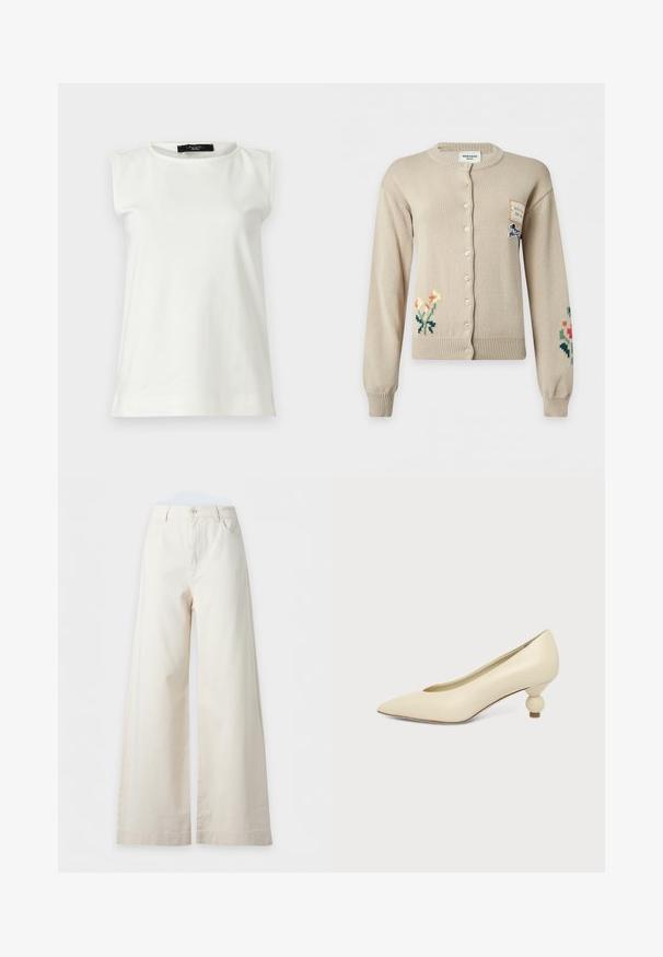 Cardigan beige à boutons avec broderies florales sur les manches inférieures gauche et droite et une petite pièce avec illustration de chien sur la partie supérieure droite de la poitrine.; Haut blanc sans manches avec épaules rembourrées et encolure ronde, présenté à plat sur un fond clair.; Pantalon large taille haute couleur crème avec bouton sur le devant, poches latérales, passants de ceinture et couture visible sur l'ourlet.; Chaussure femme couleur crème à bout pointu avec un petit talon rond en forme de boule, sur fond uni.
